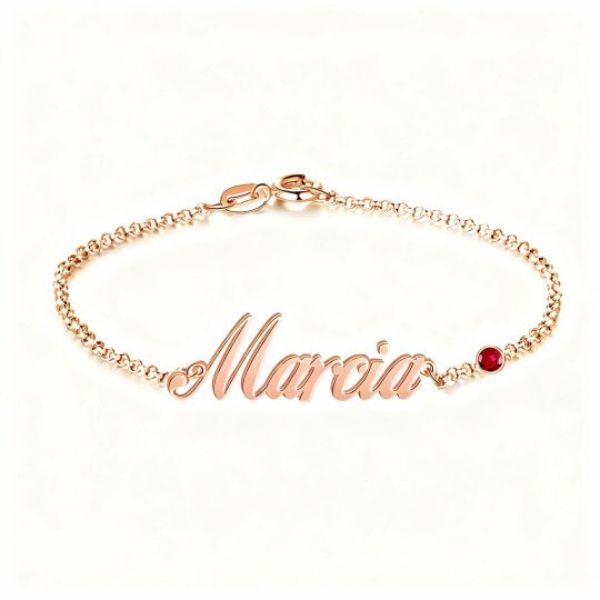 Pulsera de oro rosa de 10 quilates con circonita cúbica, piedra natal personalizada y dije clásico con nombre personalizado.