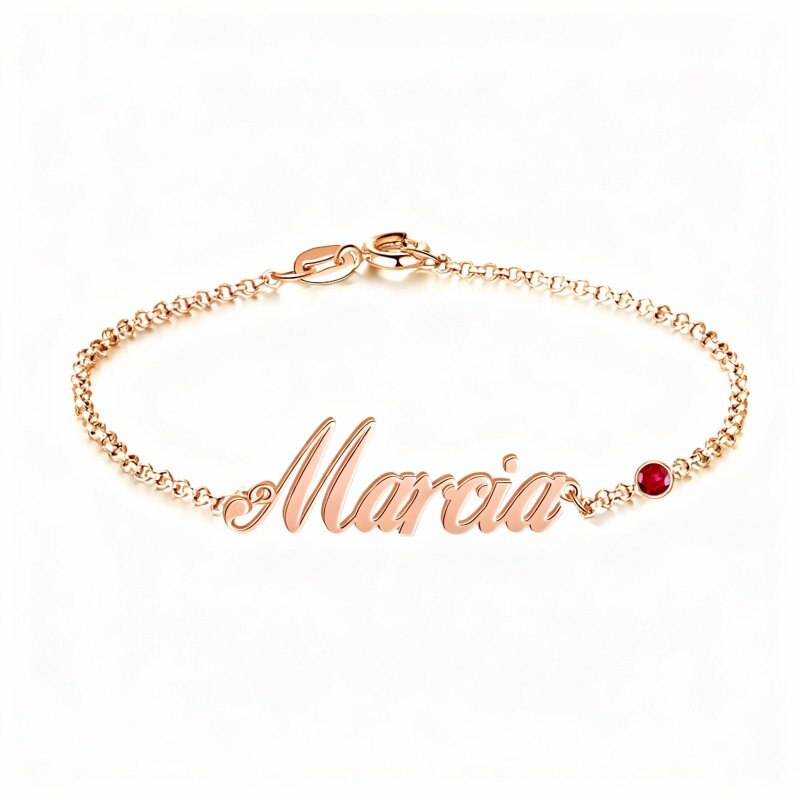 10K Rose Gold Cubic Zirconia Personalized Birthstone & Personalized Classic Name Charm Bracelet-1