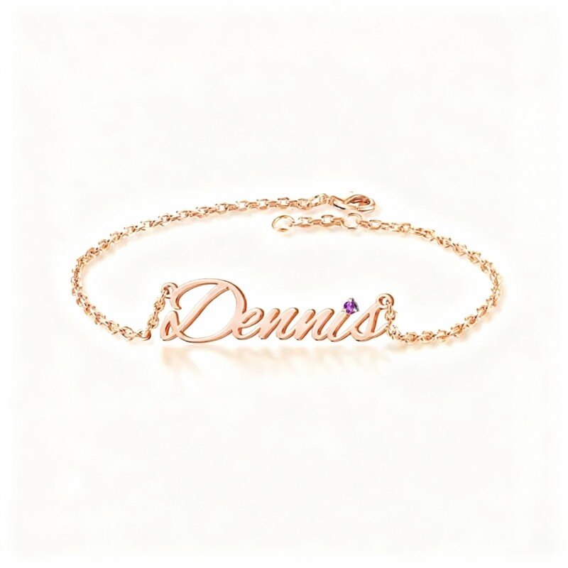 10K Rose Gold Cubic Zirconia Personalized Birthstone & Personalized Classic Name Charm Bracelet-1
