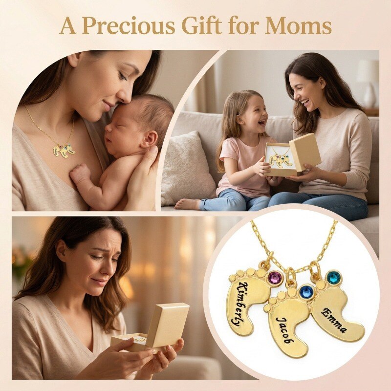 10K Rose Gold Cubic Zirconia Personalized Birthstone & Personalized Classic Name & Feet Pendant Necklace-5