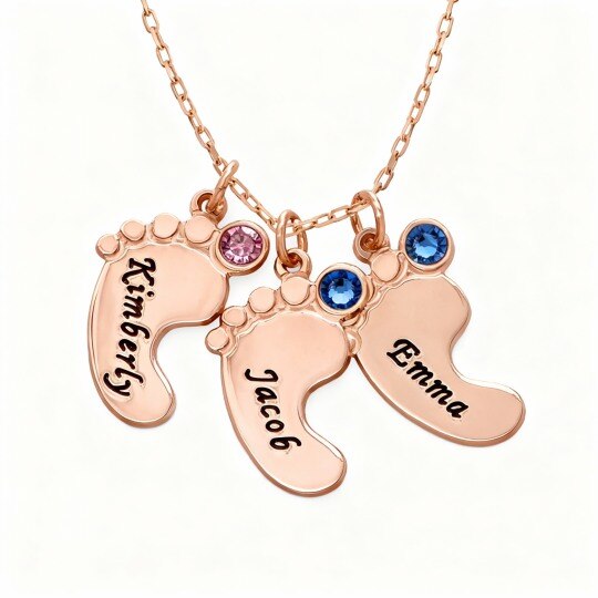 Collar con colgante personalizado de piedra natal, nombre clásico y pies, en oro rosa de 10 quilates con circonita cúbica y circonita cúbica.