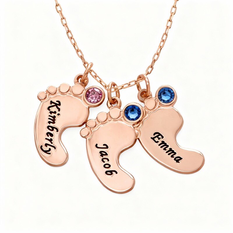 10K Rose Gold Cubic Zirconia Personalized Birthstone & Personalized Classic Name & Feet Pendant Necklace-1