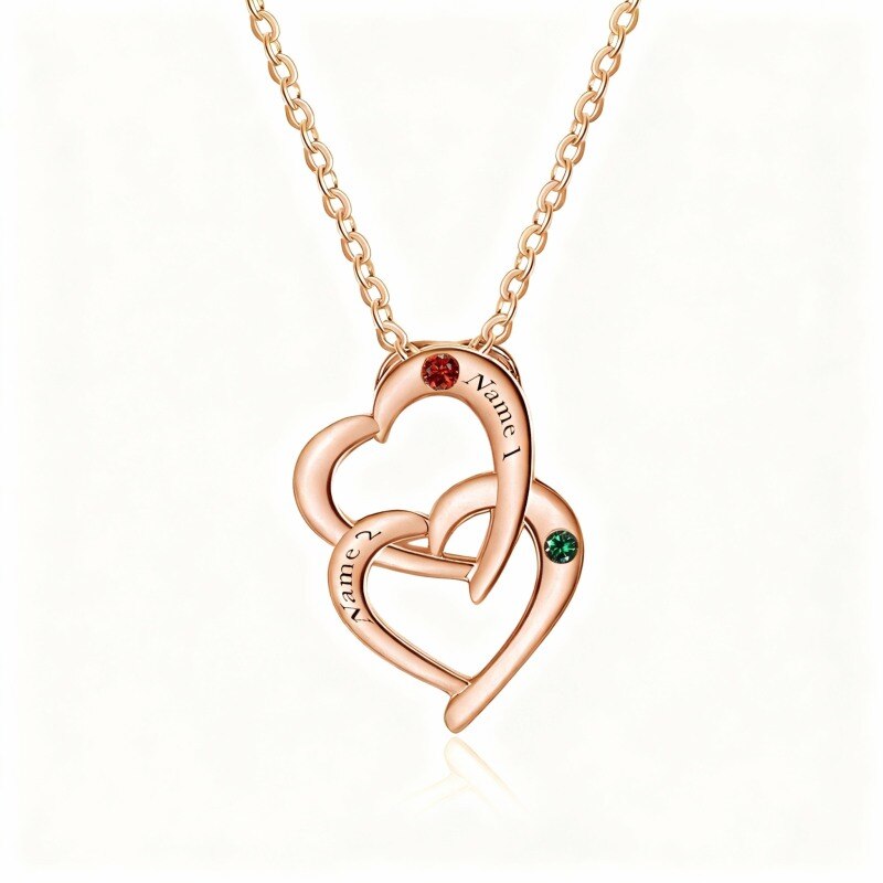 14K Rose Gold Cubic Zirconia Personalized Birthstone & Personalized Classic Name & Heart Pendant Necklace-1