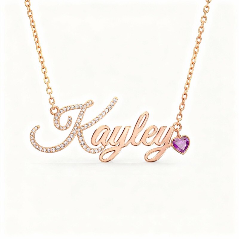 Collier pendentif personnalisé en or rose 10 carats avec zircon cubique, pierre de naissance, prénom classique et cœur.-3