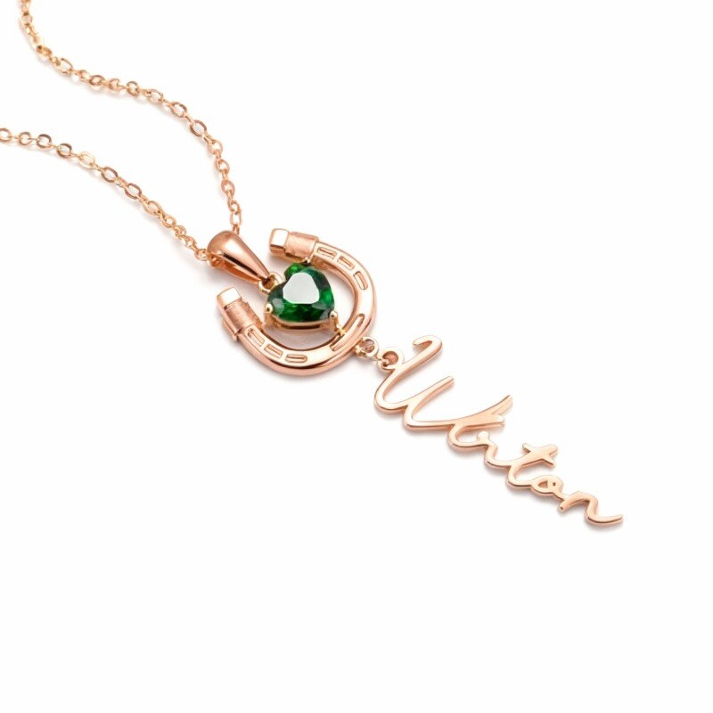 Halskette aus 10-karätigem Roségold mit Zirkonia, personalisiertem Geburtsstein, klassischem Namen und Hufeisenanhänger-4