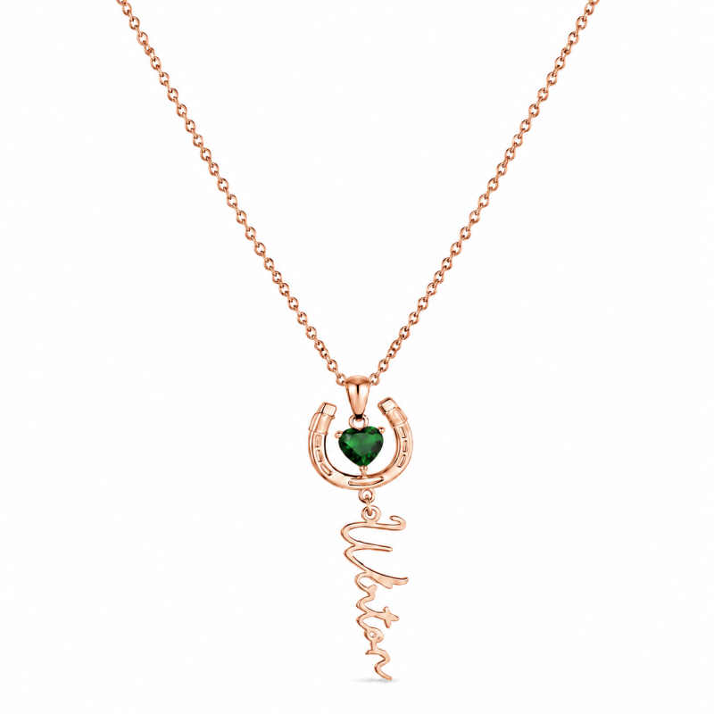 Halskette aus 10-karätigem Roségold mit Zirkonia, personalisiertem Geburtsstein, klassischem Namen und Hufeisenanhänger-1