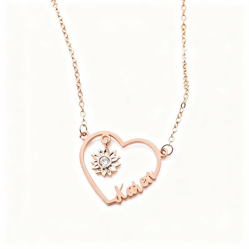 Halskette aus 14-karätigem Roségold mit Zirkonia, personalisiertem Geburtsstein und personalisiertem Namen, Sonnenblumen- und Herzanhänger-1