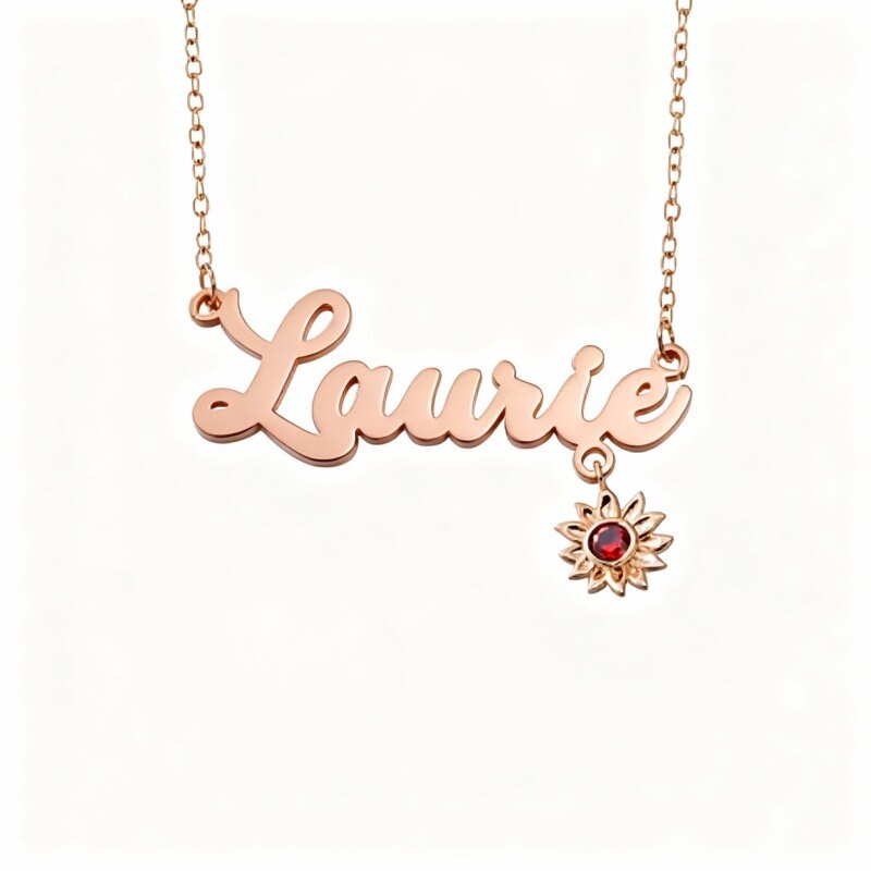 Collier pendentif tournesol en or rose 10 carats avec zircon cubique, pierre de naissance et prénom classique personnalisés-7