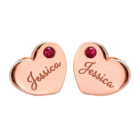 10K Rose Gold Cubic Zirconia Personalized Birthstone & Personalized Engraving & Heart Stud Earrings