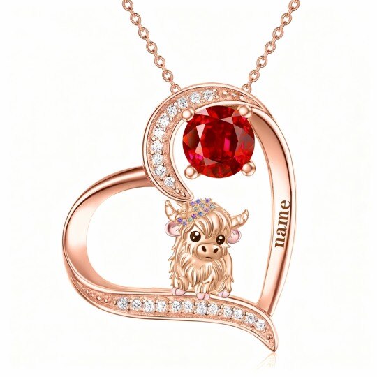 10K Rose Gold Cubic Zirconia & Personalized Birthstone & Personalized Engraving Highland Cow Pendant Necklace