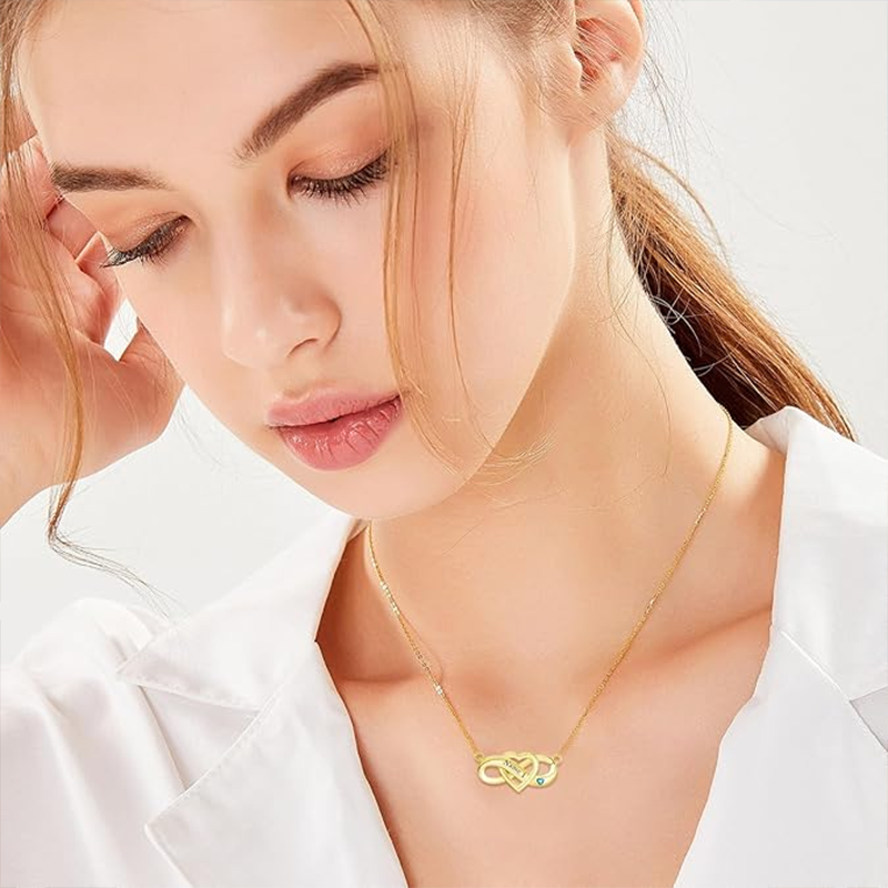 Collier pendentif personnalisé en or rose 10 carats avec zircon cubique, pierre de naissance, gravure personnalisée et symbole de l'infini-2