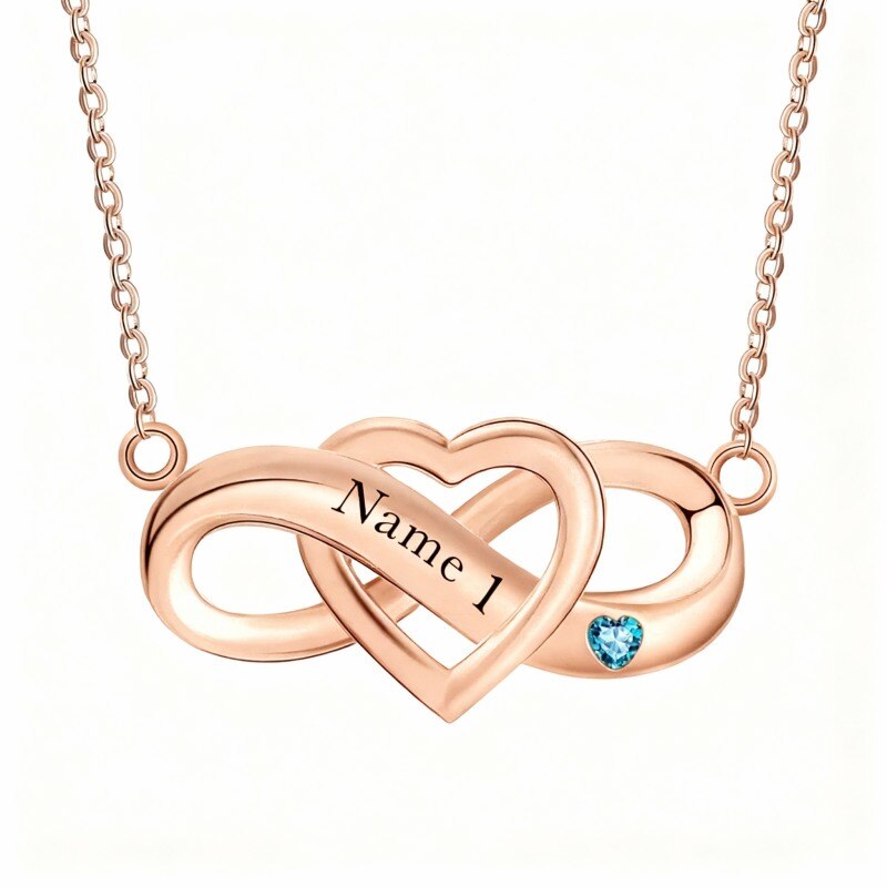 Collier pendentif personnalisé en or rose 10 carats avec zircon cubique, pierre de naissance, gravure personnalisée et symbole de l'infini-1