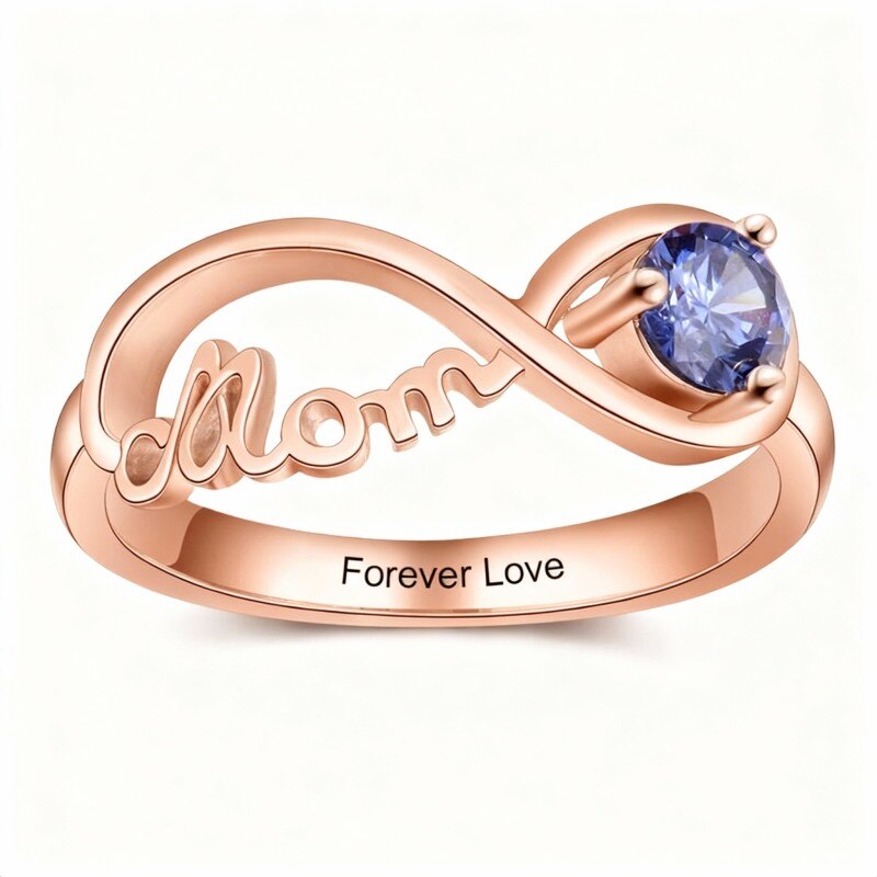 10K Roségoldener Ring mit Zirkonia, personalisiertem Geburtsstein, individueller Gravur und Unendlichkeitssymbol sowie eingraviertem Wort-19