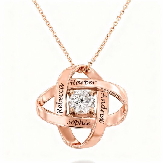 10K Rose Gold Cubic Zirconia Personalized Birthstone & Personalized Engraving Pendant Necklace