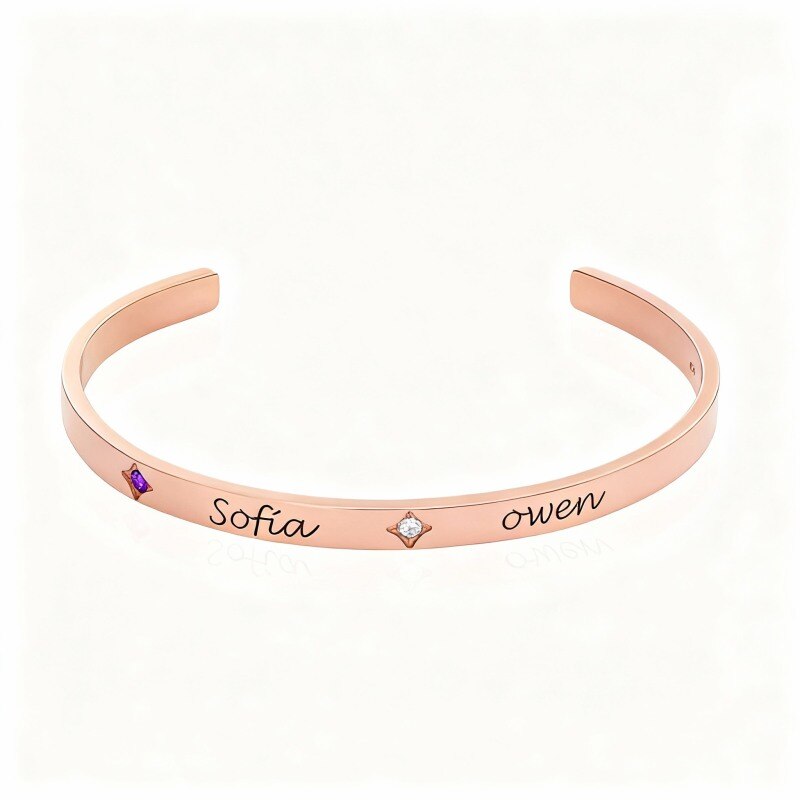 14K Rose Gold Cubic Zirconia Personalized Birthstone & Personalized Engraving Plain Bangle Bracelet-1