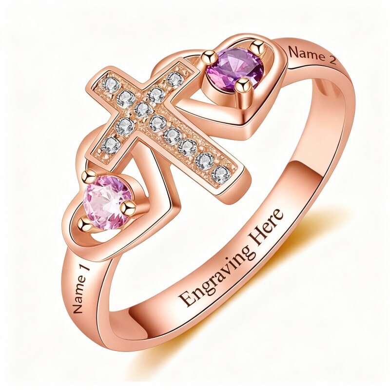 Bague personnalisée en or rose 14 carats avec zircon cubique, pierre de naissance et gravure personnalisée-1