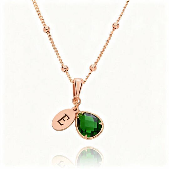 Collar con colgante en forma de gota, piedra natal personalizada, inicial personalizada y circonita cúbica de oro rosa de 10 quilates con circonita cúbica.