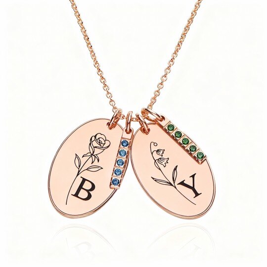 Collar con colgante personalizado de piedra natal y letra inicial en oro rosa de 10 quilates con circonita cúbica y piedra cúbica.