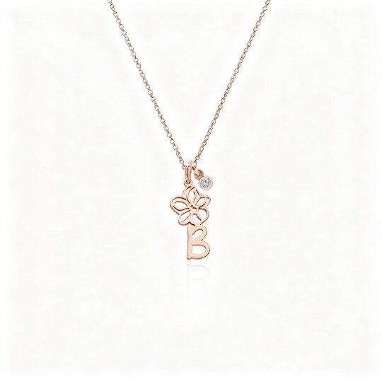 Collar con colgante personalizado de oro rosa de 9 quilates, circonita cúbica, piedra natal y letra inicial.