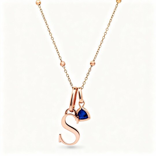 Collar con colgante personalizado de piedra natal y letra inicial en oro rosa de 10 quilates con circonita cúbica y piedra cúbica.