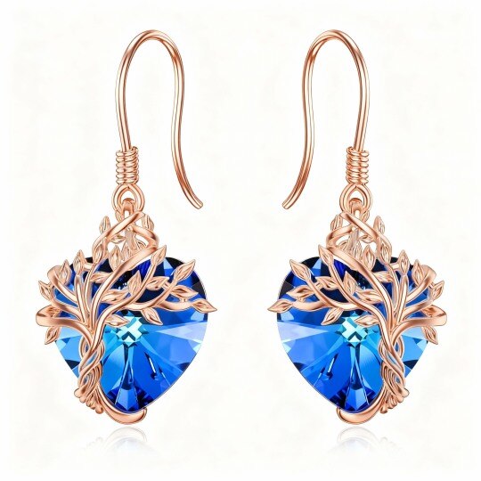 Pendientes colgantes de oro rosa de 10 quilates con circonitas cúbicas y piedra natal personalizada, diseño de árbol de la vida y corazón.