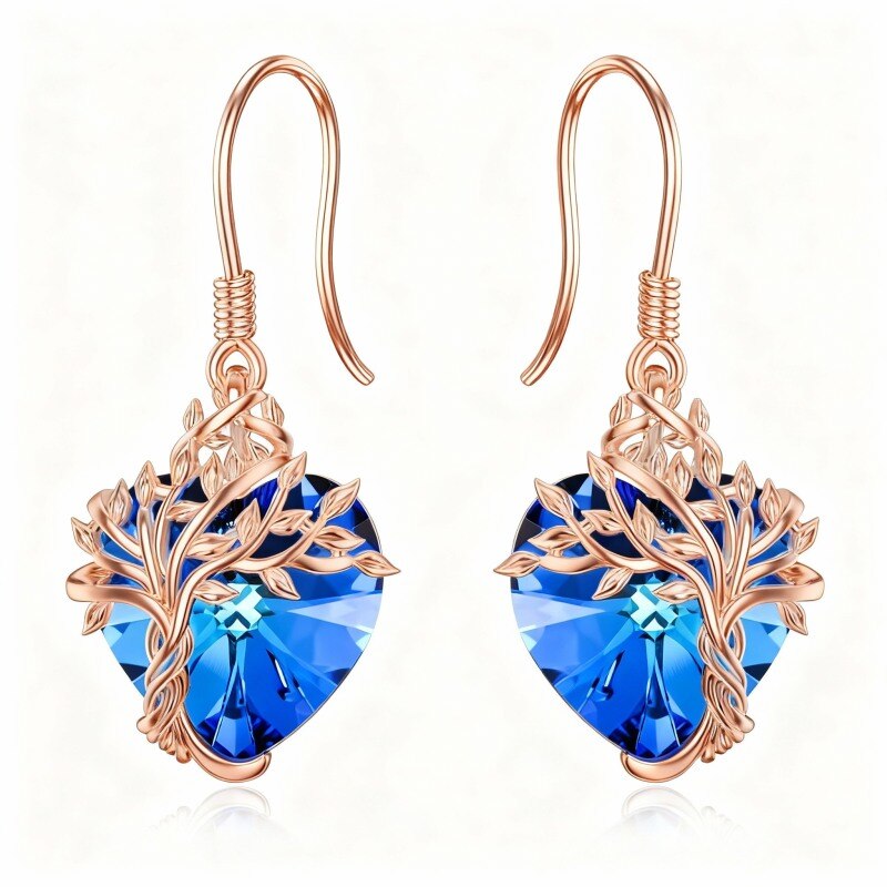 Pendientes colgantes de oro rosa de 10 quilates con circonitas cúbicas y piedra natal personalizada, diseño de árbol de la vida y corazón.-1