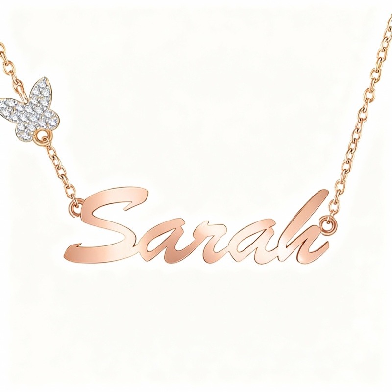 Klassische Schmetterlingskette aus 10-karätigem Roségold mit Zirkonia und personalisiertem Namen-1