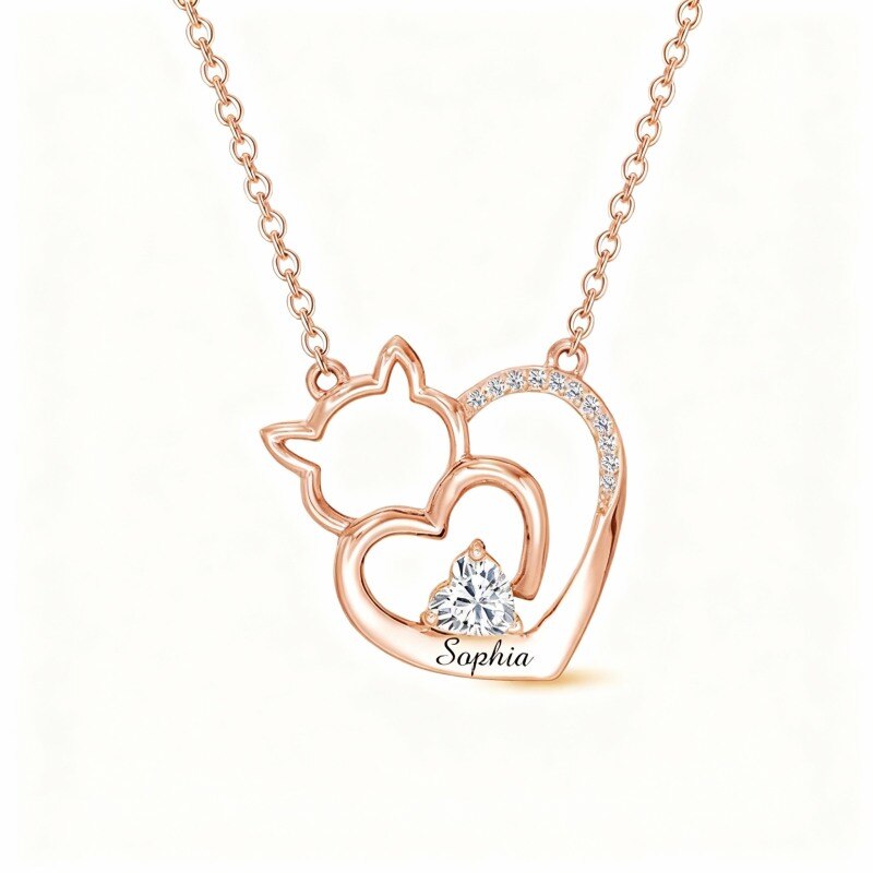 Collier pendentif chat classique personnalisé en or rose 14 carats avec zircon cubique et prénom-1