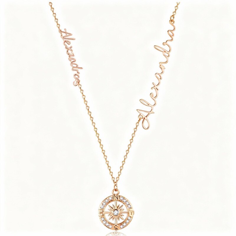 Personalisierte klassische Namens- und Kompass-Anhänger-Halskette aus 14-karätigem Roségold mit Zirkonia.-1
