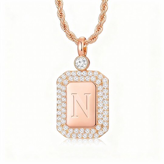 Collar con colgante de inicial y barra personalizado en oro rosa de 10 quilates con circonitas cúbicas