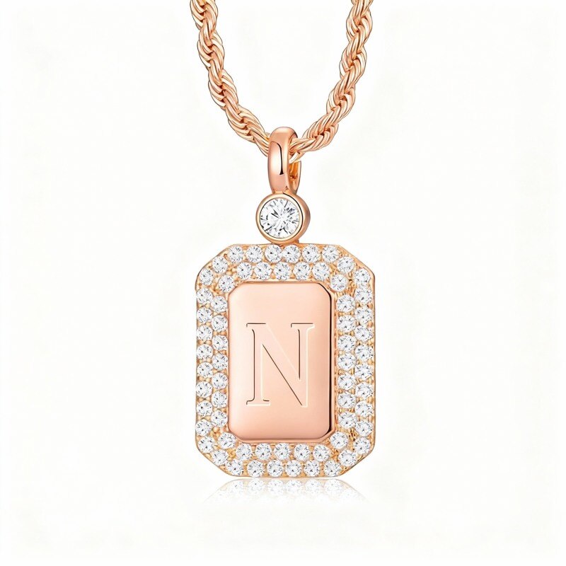 Personalisierte Halskette aus 10-karätigem Roségold mit Zirkonia-Anhänger (Anfangsbuchstabe und Stab)-1