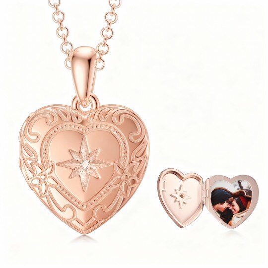 Collar con colgante de corazón y foto personalizada en oro rosa de 10 quilates con circonitas cúbicas