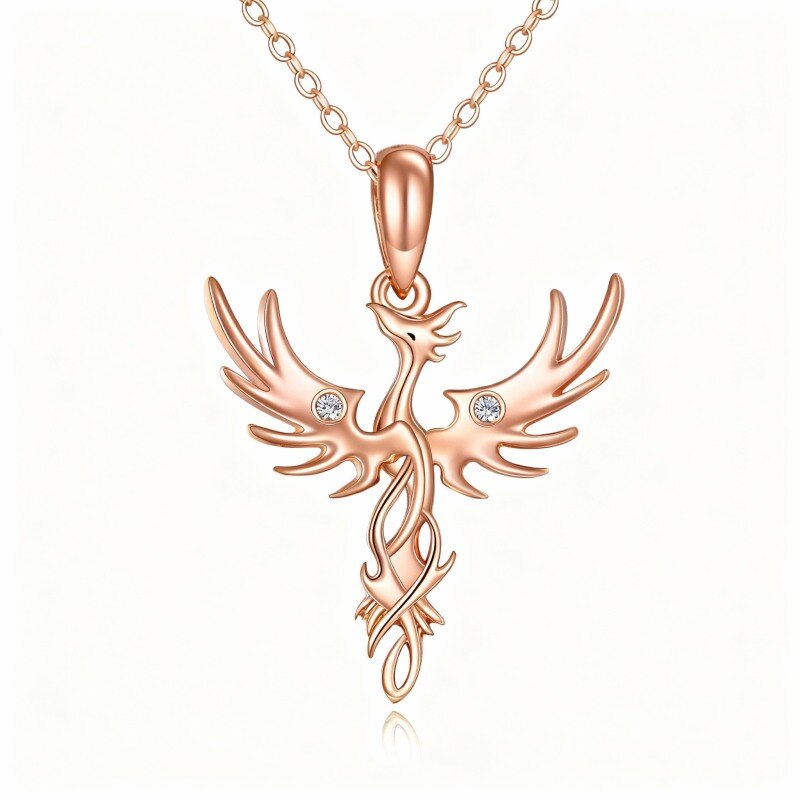 14K Rose Gold Cubic Zirconia Phoenix Pendant Necklace-1
