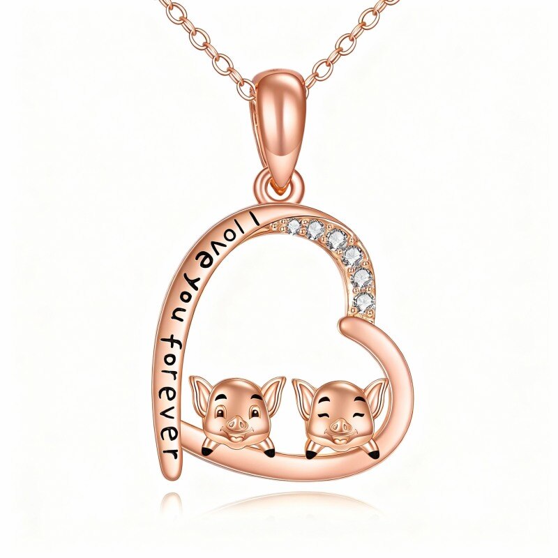 Collar con colgante de cerdo y corazón de oro rosa de 10 quilates con circonitas cúbicas y palabra grabada-1