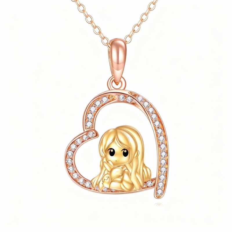 Collar con colgante de conejo y corazón en oro rosa de 18 quilates con circonitas cúbicas-1