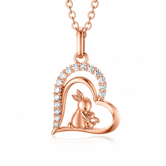 10K Rose Gold Cubic Zirconia Rabbit & Heart Pendant Necklace