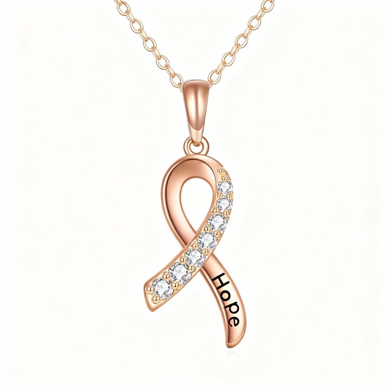 Collar con colgante de cinta de oro rosa de 14 quilates y circonitas cúbicas-1