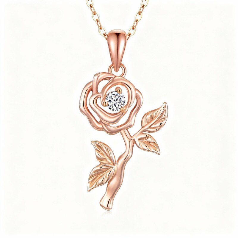 Collier pendentif rose en or rose 10 carats et zircon cubique-1