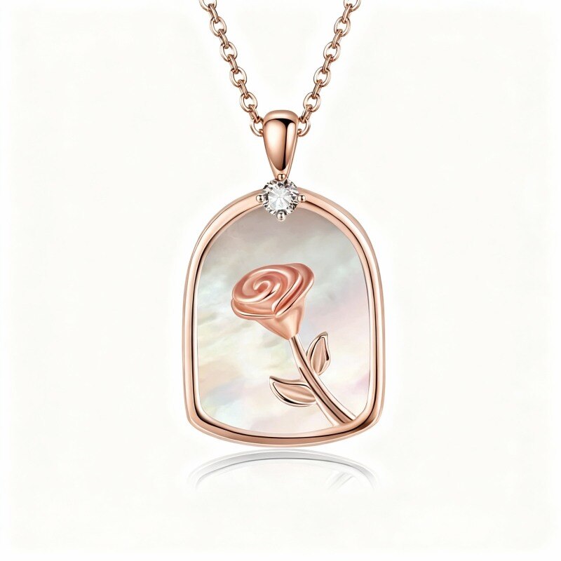 Collier pendentif rose et coquillage en or rose 10 carats et zircon cubique-1