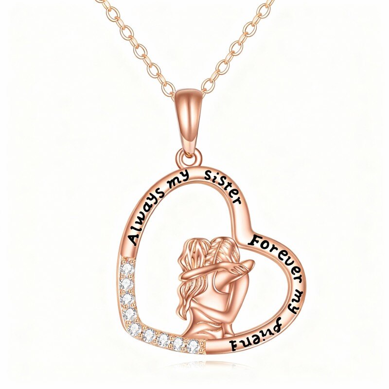 10K Rose Gold Cubic Zirconia Sisters & Heart Pendant Necklace with Engraved Word-1