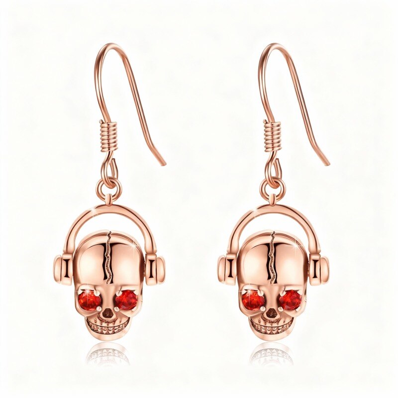Pendientes colgantes de calavera con circonitas cúbicas en oro rosa de 14 quilates-1