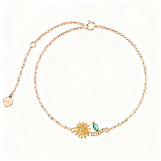 Pulseira com pendente girassol em ouro rosa 10K e zircónias cúbicas