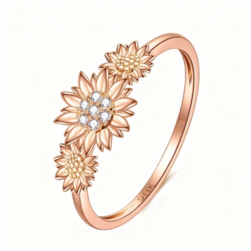 Bague de fiançailles tournesol en or rose 18 carats et zircon cubique-1