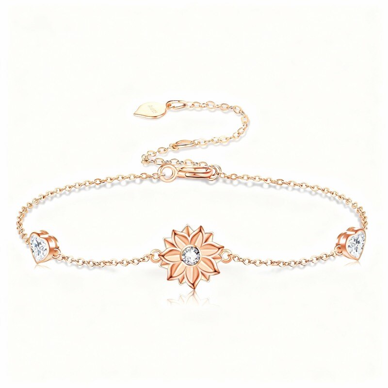 Pulsera con dije de girasol y corazón en oro rosa de 18 quilates con circonitas cúbicas-1