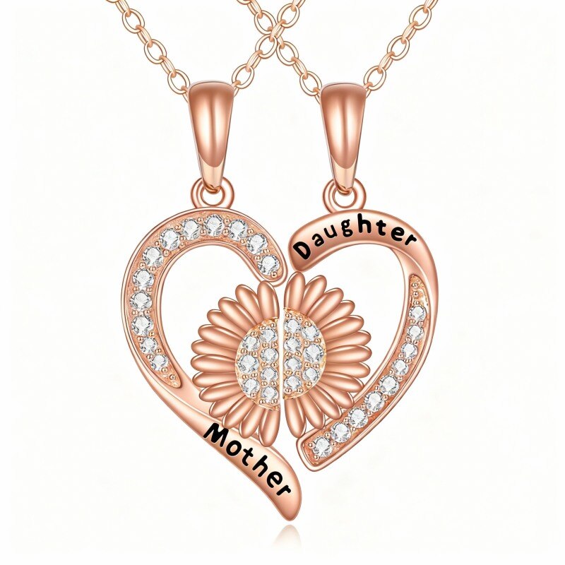 Collar con colgante de girasol y corazón de oro rosa de 10 quilates con circonitas cúbicas y palabra grabada-1