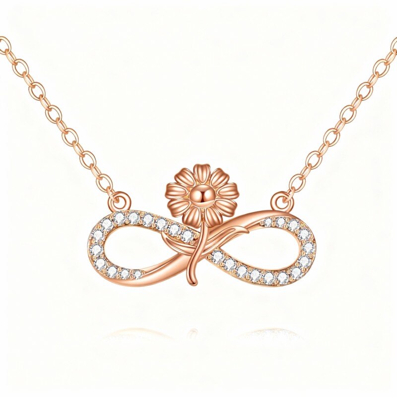 10K Rose Gold Cubic Zirconia Sunflower & Infinity Symbol Pendant Necklace-1