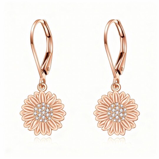 10K Rose Gold Cubic Zirconia Sunflower Lever-back Earrings