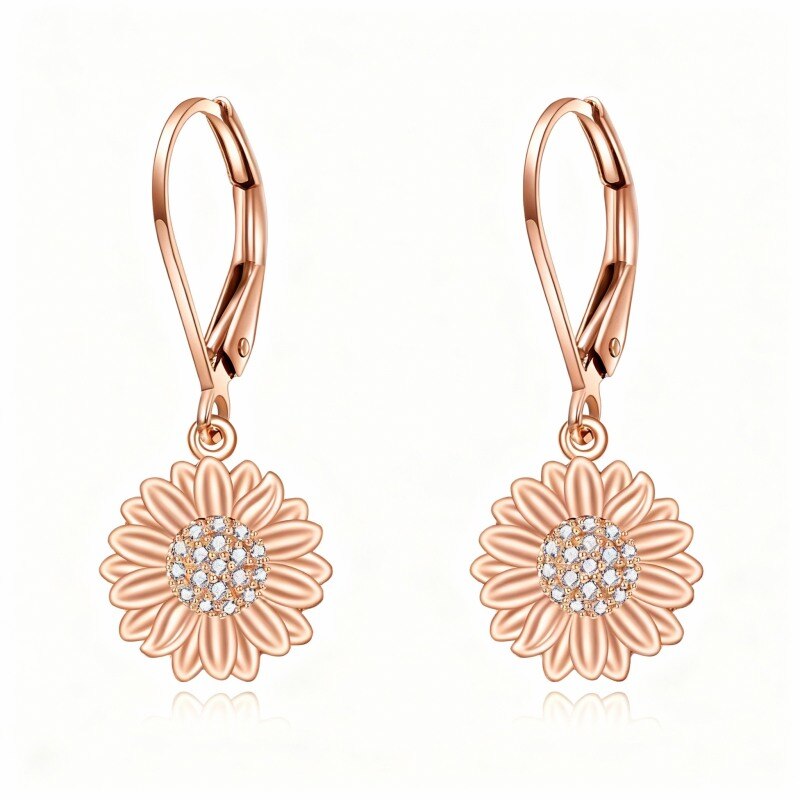 Ohrhänger mit Klappverschluss aus 14-karätigem Roségold und Zirkonia in Sonnenblumenform-1