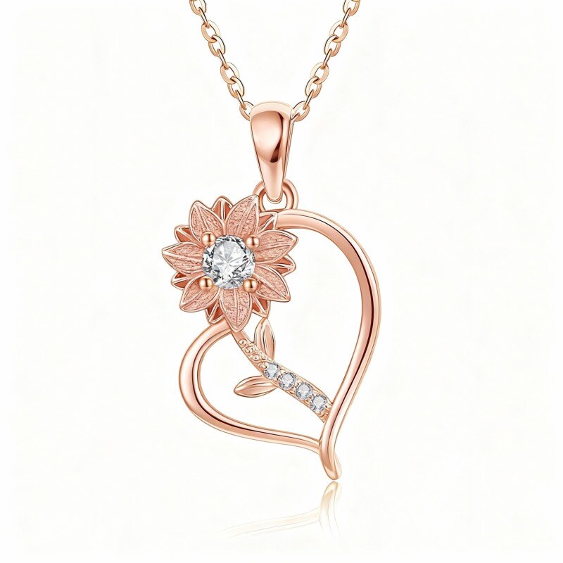 Collier pendentif tournesol en or rose 14 carats et zircon cubique-1