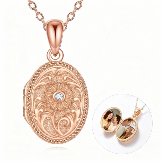 Collar con medallón personalizado para foto, de oro rosa de 10 quilates, con girasol y circonitas cúbicas.